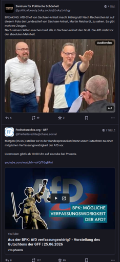Zwei Mastodon-Posts übereinander. Der erste vom Zentrum für politische Schönheit mit dem Landeschef der AfD Sachsen, wie er den Hitlergruß macht. Der zweite eine Ankündigung der GFF, morgen ein Gutachten vorzustellen mit dem Titel "AfD verfassungswidrig?".