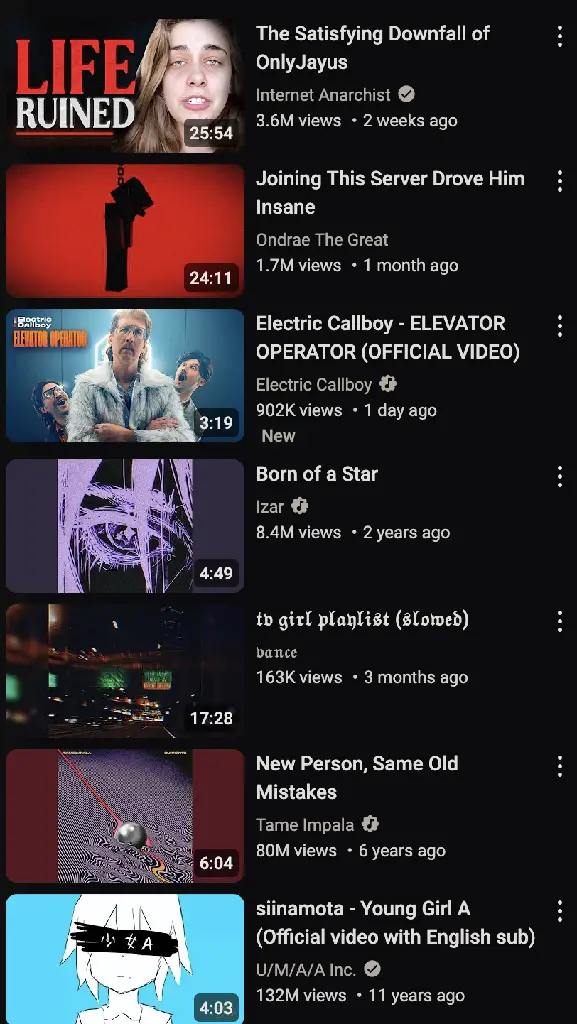 a screenshot of the youtube sidebar showing a rather unhinged collection of &quot;recommended&quot;