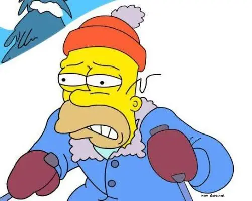 still of Homer Simpson thinking about Flanders in his sexy ski suit