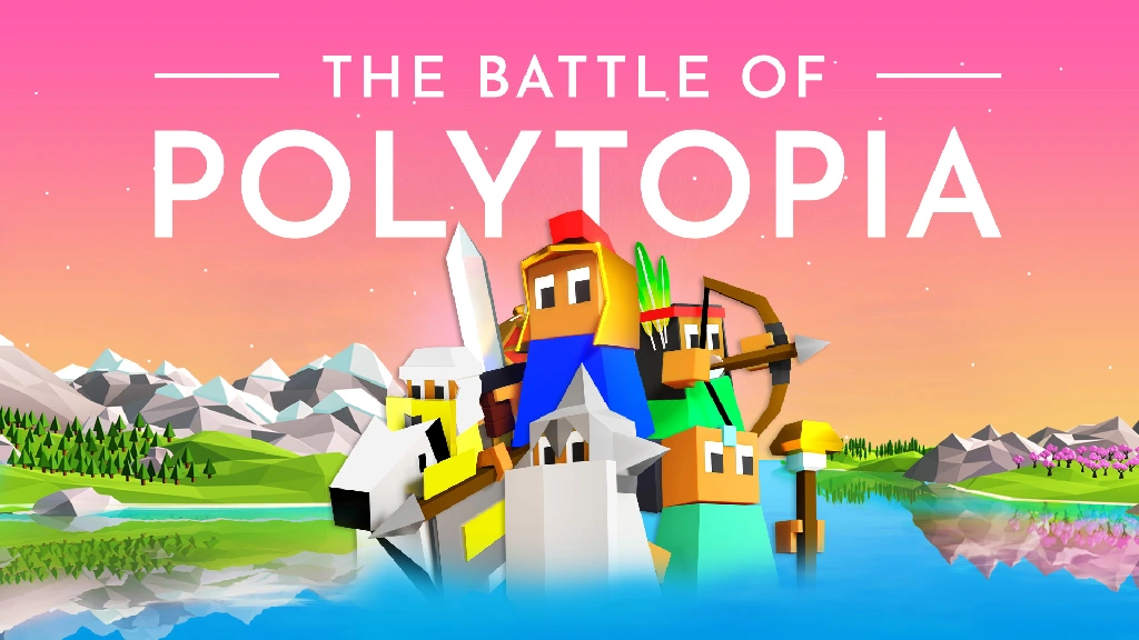 low poly computer game image. a knight, centurion, archer, etc pose under the words &quot;BATTLE OF POLYTOPIA&quot;