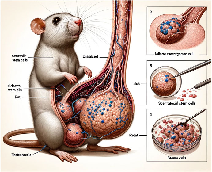 AI generated illustration of a rat with a massive schlong in cross-section and misplaced and misspelled captions: "sentollc stem cells", "Dissilced", "dislocctal stem ells" with the first letter s mirrored, "Rat", "Testtomcels", "dck", "Retat", "iollotte sserotgomar cell", "Spermatocial syem cells", and "Sterrm cells" with the last letters smeared together into some kind of quad-hump letter m