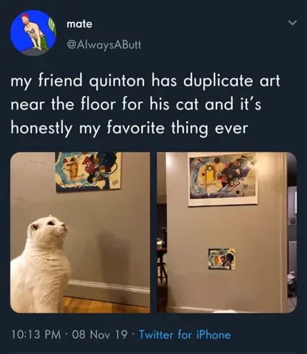 Post: "my friend quinton has duplicate art near the floor for his cat and it’s honestly my favorite thing ever" Pictures showing the described
