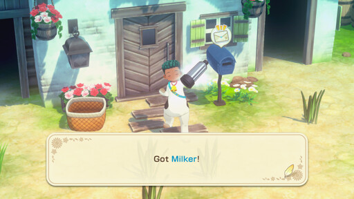 A screenshot from the video game Story of Seasons: Grand Bazar with the main character, a dark skinned man with green hair wearing a cow suit, holding a milker with a happy expression, in front of his house. The dialogue box says "Got Milker!"