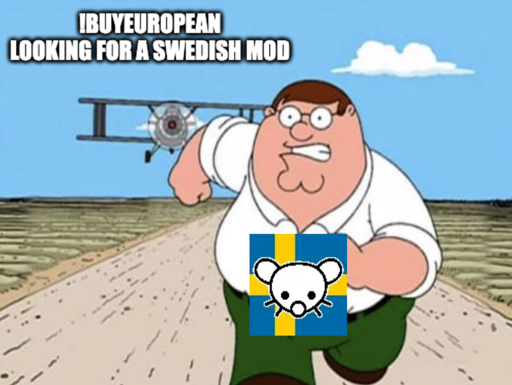 Peter Griffin "Feddit.nu" running from plane "!buyeuropean looking for a Swedish mod"
