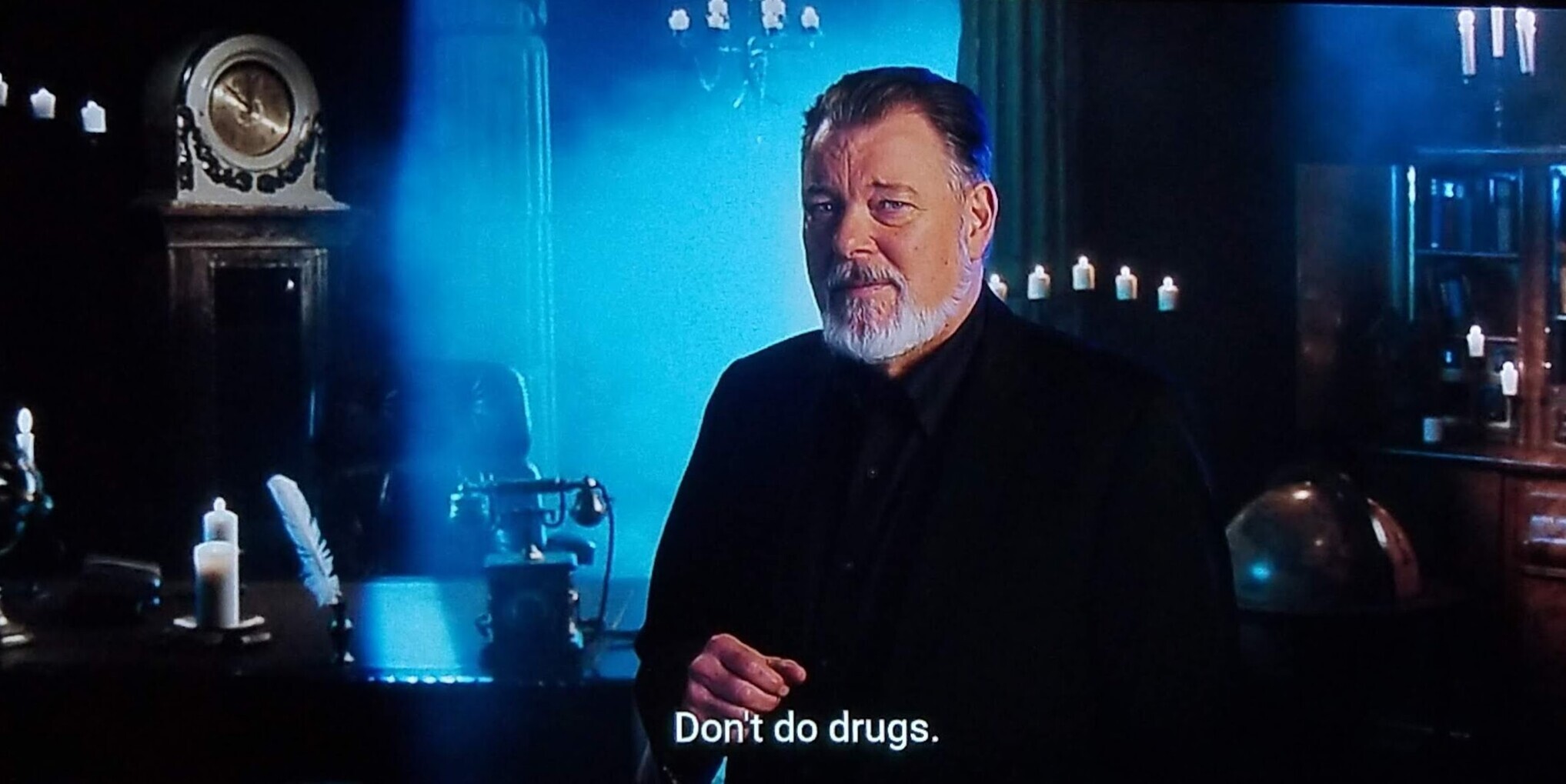 jonathan frakes with a salt and pepper beard saying don't do drugs