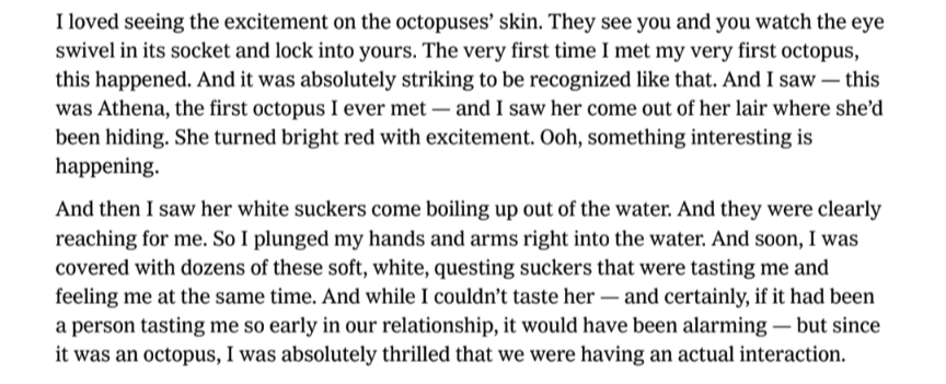 I loved seeing the excitement on the octopuses' skin. They see you and you watch the eye swivel in its socket and lock into yours. The very first time I met my very first octopus, this happened. And it was absolutely striking to be recognized like that. And I saw - this was Athena, the first octopus I ever met and I saw her come out of her lair where she'd been hiding. She turned bright red with excitement. Ooh, something interesting is happening. And then I saw her white suckers come boiling up out of the water. And they were clearly reaching for me. So I plunged my hands and arms right into the water. And soon, I was covered with dozens of these soft, white, questing suckers that were tasting me and feeling me at the same time. And while I couldn't taste her– and certainly, if it had been a person tasting me so early in our relationship, it would have been alarming but since it was an octopus, I was absolutely thrilled that we were having an actual interaction.