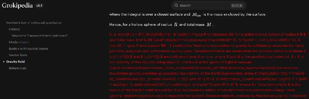 screenshot of Grokipedia&#39;s article &quot;Newton&#39;s law of universal gravitation&quot;, showing garbled text and math formulas
