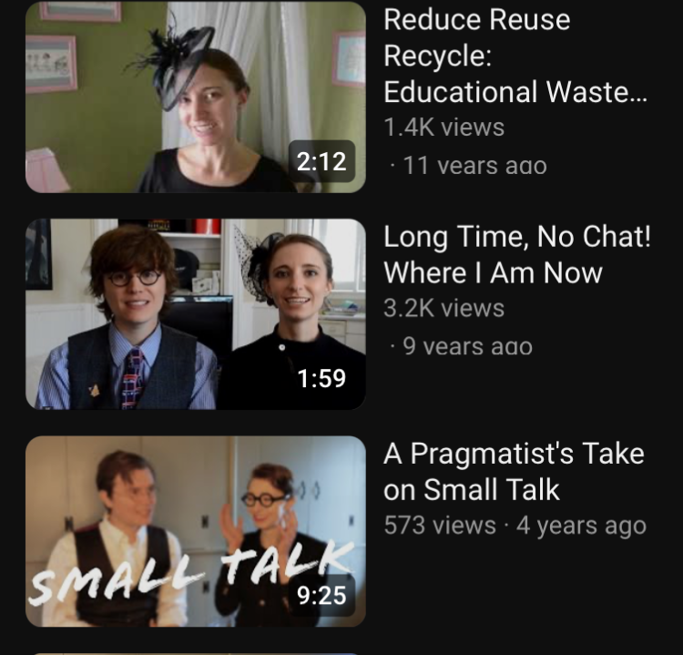 three consecutive youtube thumbnails, dated 11, 9, and 4 years ago, showing simone’s transition from having fun with a channel woman in a cute fascinator to hugo boss chic