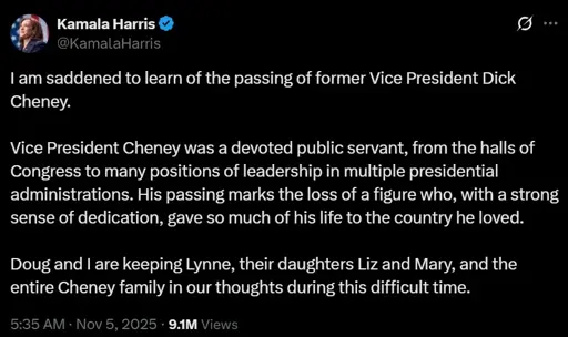 Kamala Harris is big sad about Cheney dying and describes him as a "devoted public servant"