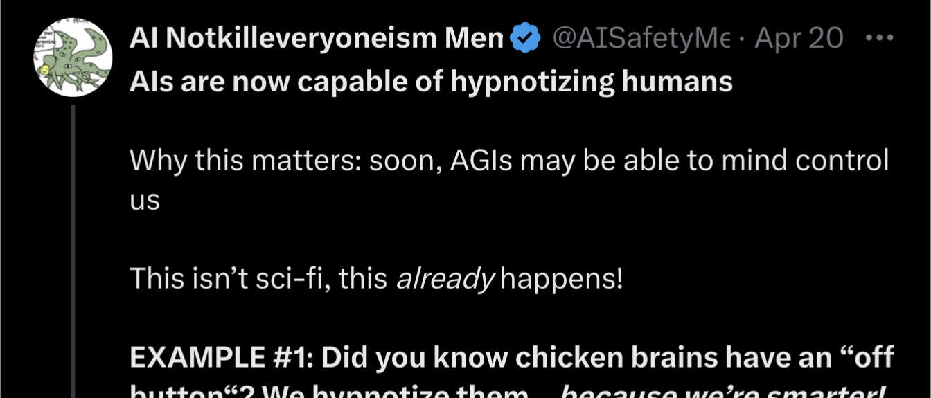 cut-off tweet from the same account saying that Als are now capable of hypnotizing humans