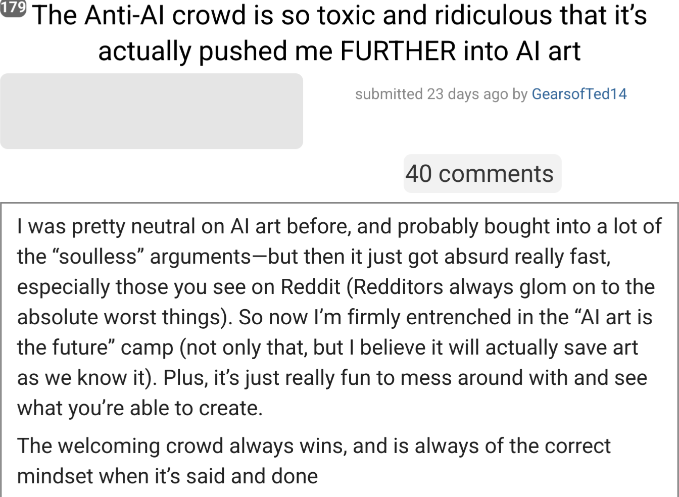 Reddit post titled "The Anti-Al crowd is so toxic and ridiculous that it's actually pushed me FURTHER into Al art"