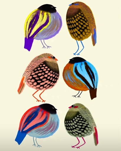 Painting of birds of various types brightly coloured facing each other in pairs