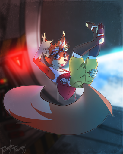 a drawing of a dog furry floating in a spaceship with a large window overlooking the Earth; he's dressed like a Star Fox character with goggles, and he's curled up in a zero-g backflip with his big fluffy tail underneath him