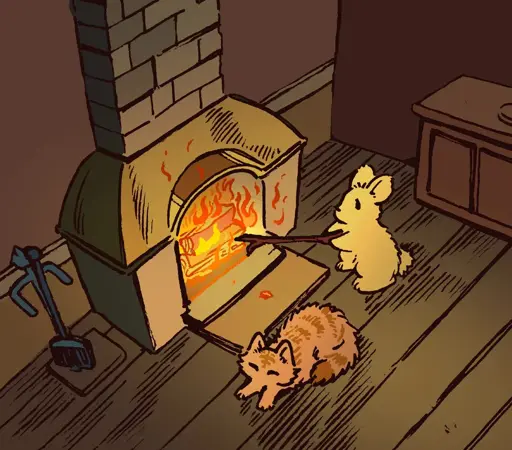 A bunny with a poker adjusts the fire in a roaring fireplace. An orange cats sits near the fire, napping. They are in a living room at night