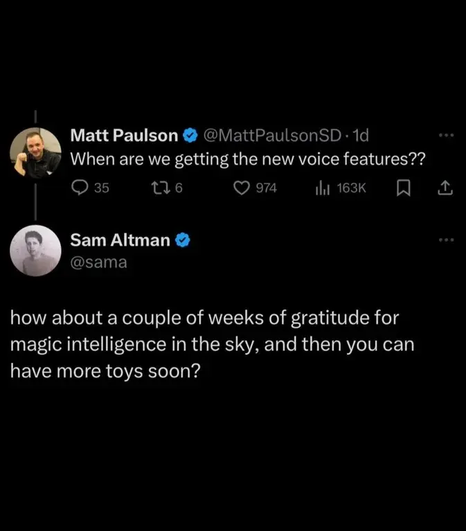 Sam Altman responds to a user asking for the promised voice features with extreme pettiness. &quot;how about a few weeks of gratitude for magic intelligence in the sky, and then you can have more toys soon?&quot;