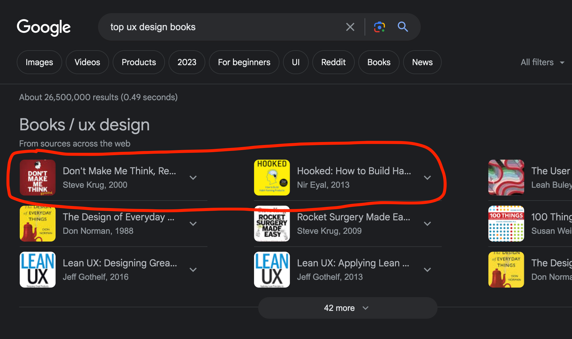 google search for "top ux books" shows top two "dont make me think" and "hooked"