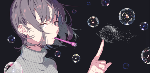 a close-up painting of a young gray-haired woman blowing bubbles with a short straw-like blower sticking out of her mouth; the bubbles have reflections of the city lights around them, making the bubbles stand out against the solid dark blue background; the woman has lightly touched a bubble with one finger and it has just popped milliseconds ago, leaving behind a broken sphere of water droplets 