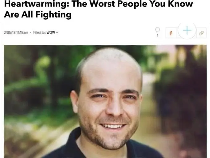 Headline &quot;Heartwarming: The Worst People You Know Are All Fighting&quot; with a picture of Josep Maria García, the man from the &quot;Heartbreaking: The Worst Person You Know Just Made A Great Point&quot; article, grinning happily