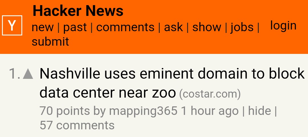 HN #1 story is about Nashville using eminent domain to block AI datacenter that would have destroyed the Nashville Zoo 