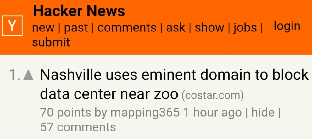 HN #1 story is about Nashville using eminent domain to block AI datacenter that would have destroyed the Nashville Zoo 