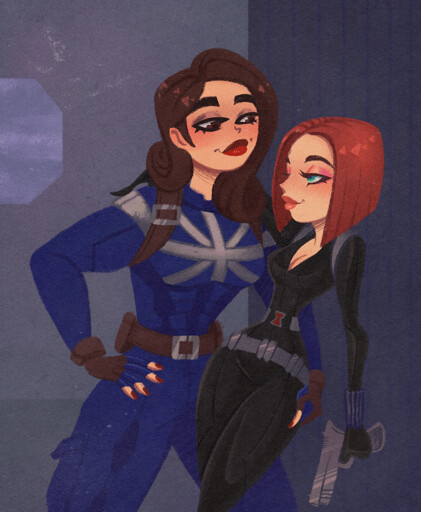 Peggy Carter and Natasha Romanoff aka Captain Carter and Black Widow of Marvel from the What If? show in a retro pinup cartoon style stealing a quiet moment on a helicarrier leaning against a wall with Peggy grabbing Natasha by the hip and both of them staring into each other’s eyes