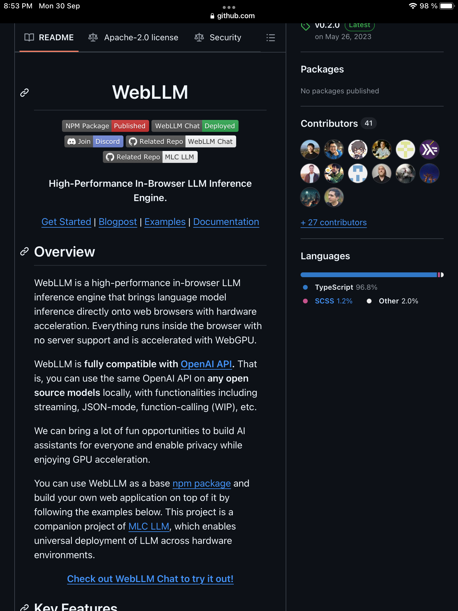 WebLLM is a high-performance in-browser LLM inference engine that brings language model inference directly onto web browsers with hardware acceleration. Everything runs inside the browser with no server support and is accelerated with WebGPU.  WebLLM is fully compatible with OpenAI API. That is, you can use the same OpenAI API on any open source models locally, with functionalities including streaming, JSON-mode, function-calling (WIP), etc.  We can bring a lot of fun opportunities to build AI assistants for everyone and enable privacy while enjoying GPU acceleration.  You can use WebLLM as a base npm package and build your own web application on top of it by following the examples below. This project is a companion project of MLC LLM, which enables universal deployment of LLM across hardware environments.