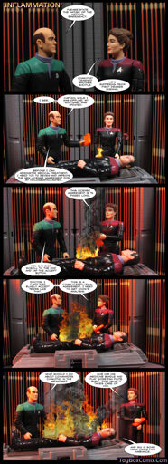 Five-panel photo comic made with posed action figures. Panel 1: closeup of the Doctor and Janeway in Voyager's sickbay. Doctor: "Please state the nature of the medical emergency." Janeway: "Chakotay crashed another shuttle. He's suffering from first degree burning." Panel 2: a wider shot revealing that the Doctor and Janeway are standing behind Chakotay laying on the sickbay's bio bed. A small flame rises from Chakotay's abdomen. The Doctor hands Janeway a PADD and says "I see. Captain, while I was offline my software was updated. Before I can administer medical treatment, I need you to review and approve the new license agreement for my holographic matrix." Panel 3: The flame on Chakotay has spread to more of his abdomen and crotch, and is smoking heavily. Janeway looks at the PADD and says, "This license agreement is 75 pages long." Doctor: You can just scroll to the end and tap the 'accept' button." Panel 4: the flames have spread to more of Chakotay's abdomen, crotch, and thighs. Janeway: "Doctor, I can't just blindly accept terms like that. This is a complicated legal agreement. I need to get Tuvok's analysis." Panel 5: The flames now cover most of Chakotay's body, from his face to his knees, and there is much more smoke. Doctor: "What should I do about Commander Chakotay in the meantime?" Janeway: "Give him his medicine bundle and play some pan flute music. That usually takes care of him." "Chakotay: "And mix in some hawk cries for ambience."