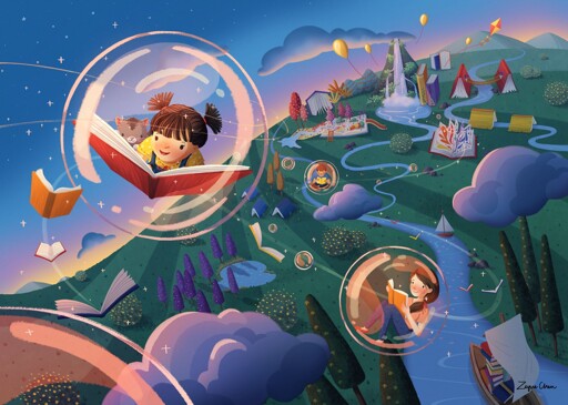 an illustration of a few young people reading books while inside bubbles floating high above a river valley at dusk with structures made of giant books; in the sky, there are more books flying around like birds, as well as balloons and more bubbles