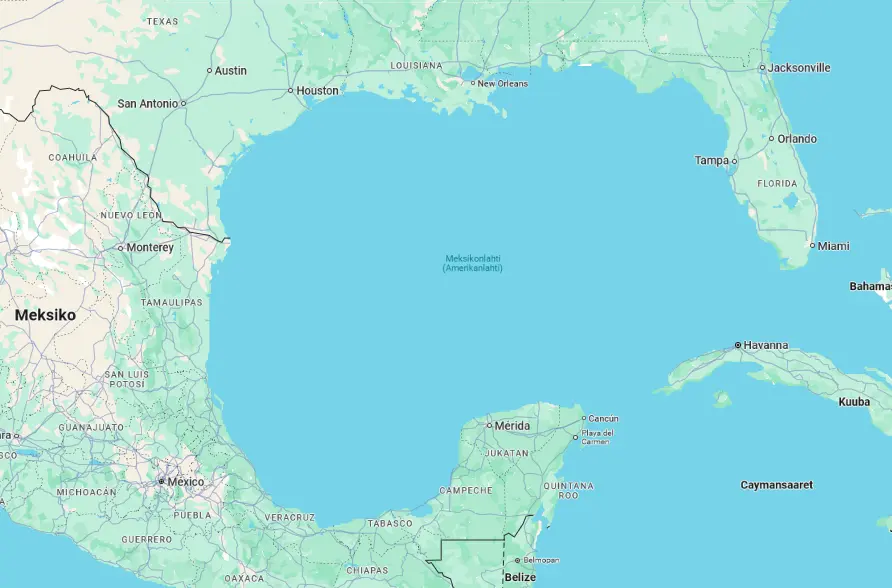 Screenshot of Google Maps in Finnish. Gulf of Mexico is labeled &quot;Meksikonlahti (Amerikanlahti)&quot;