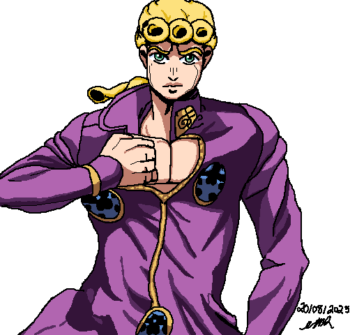Pixel art drawing of Giorno Giovanna from JoJo's Bizzare Adventure. He his hitting his signature pose where his left hand slightly pulls open the heart shaped opening on his shirt. 