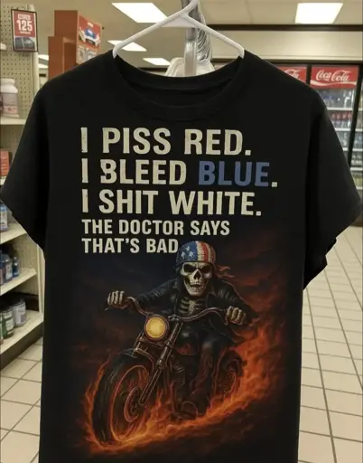 Black T-Shirt with large words: "I PISS RED. I BLEED BLUE. I SHIT WHITE." in slightly smaller text below it says: "THE DOCTOR SAYS THAT'S BAD" and below that text is a fucking gnarly skeleton riding a badass flaming motorcycle while wearing leather biker gear and a US flag bandana. He appears to be CRANKING THAT HOG.