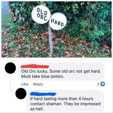 A sign to an orchard. It is made of two circles, one of which reads "OLD ORC" and the other which reads "HARD". The letters are arranged such that the "ORC" and "HARD" will form the word ORCHARD, but the circle barrier separates it into "ORC" and "HARD". This image is followed by comments interpreting it as "OLD ORC HARD": "Old Orc lucky. Some old orc not get hard. Must take blue potion." Another comment replying says "If hard lasting more than 4 hours contact shaman. They be impressed as hell."