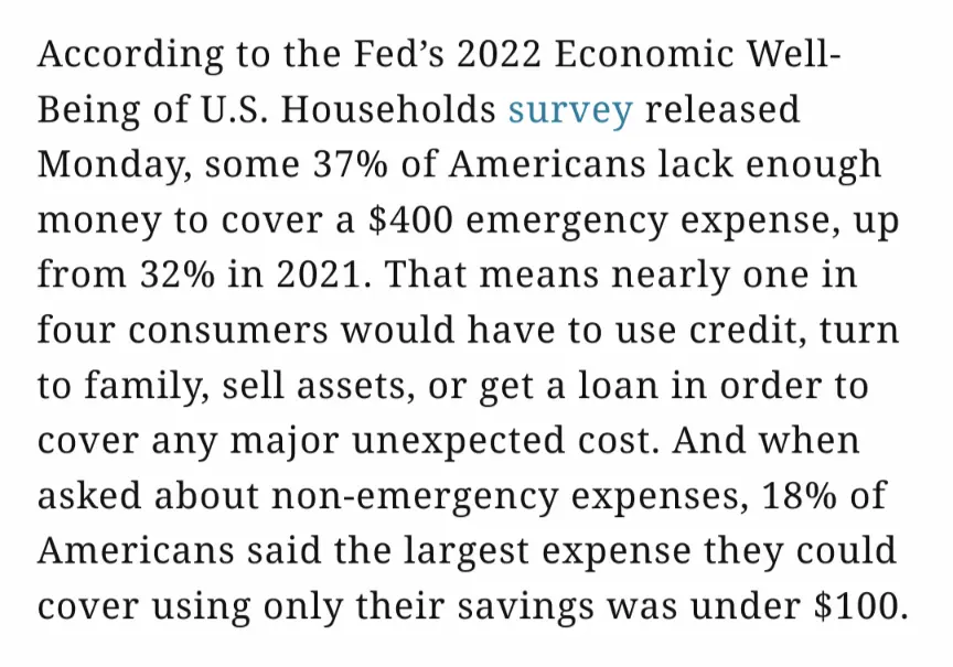 According to the Fed&#39;s 2022 Economic Well- Being of U.S. Households survey released Monday, some 37% of Americans lack enough money to cover a $400 emergency expense, up from 32% in 2021. That means nearly one in four consumers would have to use credit, turn to family, sell assets, or get a loan in order to cover any major unexpected cost. And when asked about non-emergency expenses, 18% of Americans said the largest expense they could cover using only their savings was under $100.