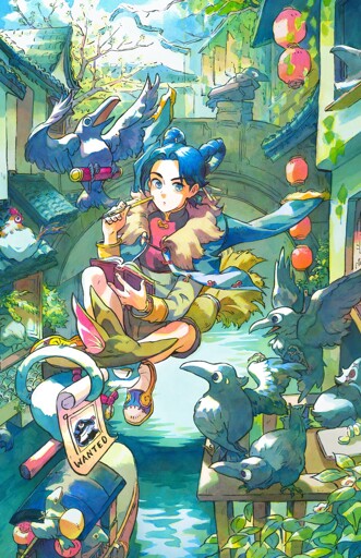 a detailed drawing of a colorful magic user and her costumed cat riding on a magic broom hovering near some crows perched above a canal; they are holding up a wanted poster of a crow with a knife, and asking the crows for information and writing it in a book