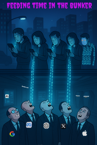 Cartoon image of vampire tech bros in their bunker drinking the data leaking down from citizens in the street above.