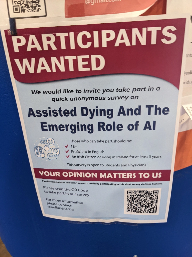 A poster advertising a survey on &quot;Assisted Dying and the Emerging Role of AI&quot;