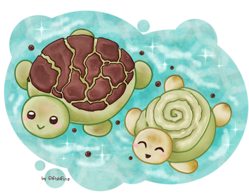 Two round bread bun turtles swimming in boba waters. First bigger one on the left is a matcha concha inspired turtle with chocolate crinkles, second smaller one on the right is a toasted bun with a matcha swirl and some glaze.