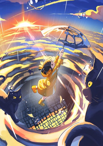 a dynamic illustration of a kid in a yellow raincoat holding on tight to a clear umbrella as it launches them up through the clouds; there are a few black cats standing on the clouds around the hole the umbrella just punched through them; they're all high enough to see the sunrise begin to light up the clouds and the city below