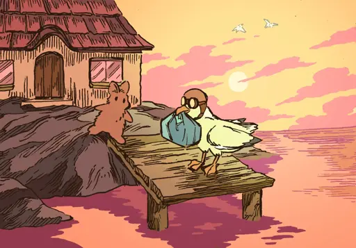 A bunny living in a house on a barren island receives a package. it is delivered by a seagull wearing a leather aviator helmet and goggles, standing on a dock. The package is wrapped in blue cloth 