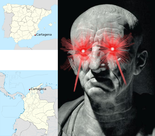 Maps showing both new Carthages (Cartagena, Spain and Cartagena, Colombia), Cato the Elder with Laser eyes