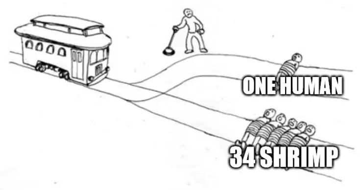 Trolley Problem Meme - 34 shrimp vs 1 human