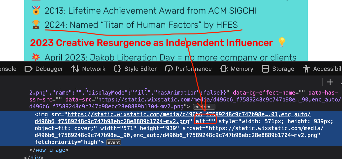 screenshot of nielsen list of achievements image from his website profile with red line under item: 2024 - named "titan of human factors" by HFES. Below the browser inpector is visible and the empty alt attribute on the img tag is circled in red