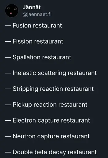 Bluesky post by Jännät / jaennaet.fi (its-a me), with a list: "Fusion restaurant, Fission restaurant, Spallation restaurant, Inelastic scattering restaurant, Stripping reaction restaurant, Pickup reaction restaurant, Electron capture restaurant, Neutron capture restaurant, Double beta decay restaurant"