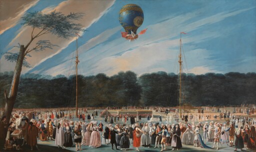 a historical painting of the June 5, 1784 ascension of Charles Bouclé's hot air balloon at the Gardens of Aranjuez, a sprawling royal palace filled with hundreds of Spanish royals and aristocrats for the occasion