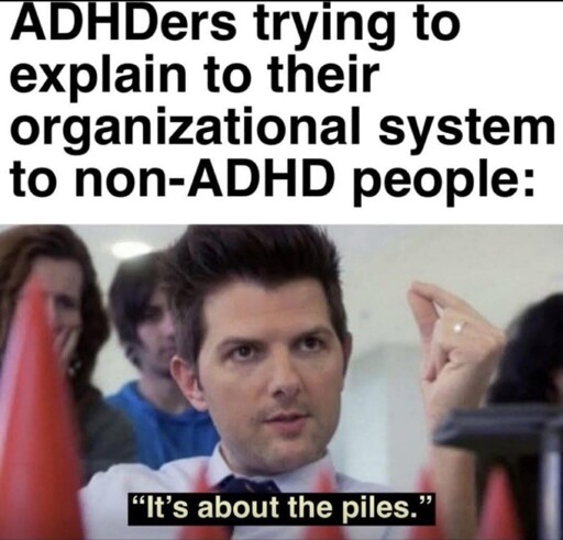ADHDers trying to explain their organisation system to non adhd people "its about the piles" 