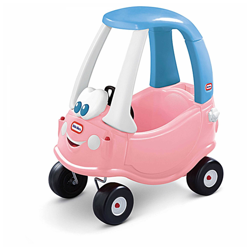 A Little Tikes Cozy Coupe toy car with a color scheme similar to the trans pride flag. The body is light pink, the roof is light blue, and the pillars holding up the roof are white