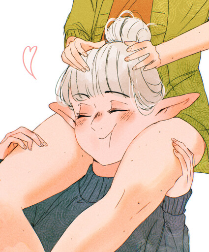 an artwork by spindle of the character Asimov, a half-elf with white hair, having her head squeezed by her gf Ottilie's thighs