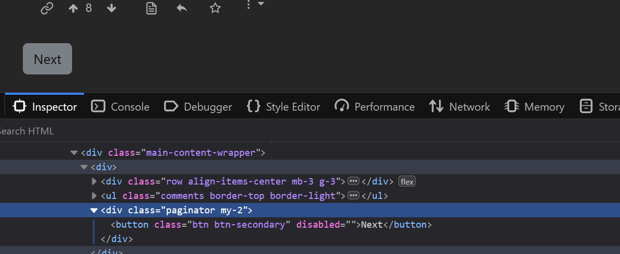 a greyed out Next button, and a snippet of developer tools showing it's disabled
