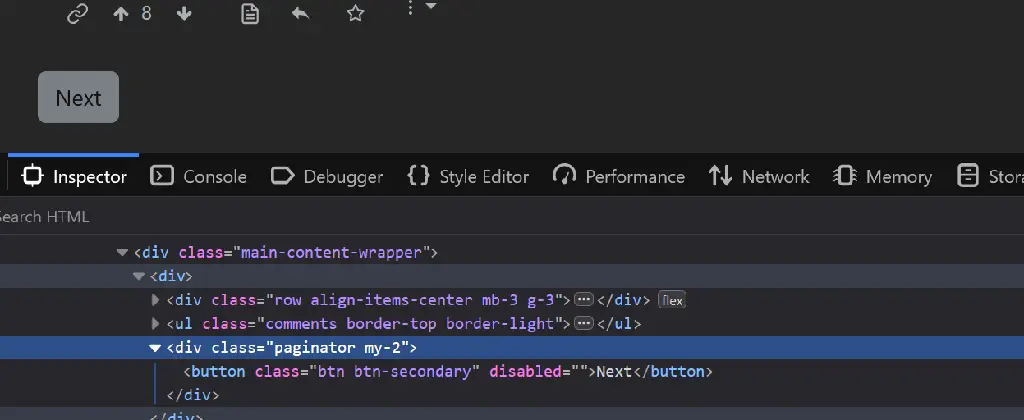 a greyed out Next button, and a snippet of developer tools showing it&#39;s disabled