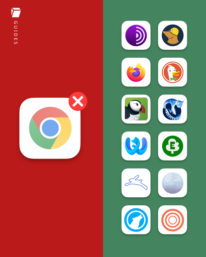 App icon of Google Chrome with a red cross, next to rows of different alternative browsers to Google Chrome.